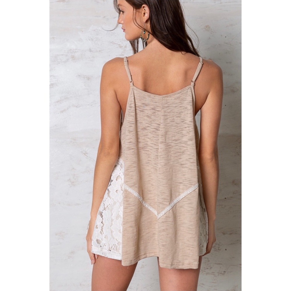 POL Beige Burnout Lace Patched Sleeveless Tunic Top - Picture 4 of 8